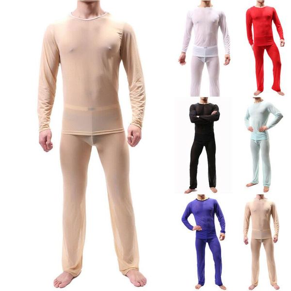 men mesh sleepwear see through pajama set long pants lounge nightwear, Black;brown